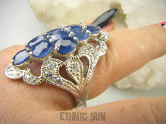 bpee4028 Długi Lśniący Pierścień Pierścionek naturalny Kianit (Kyanit) oraz Cyrkonie r.19 SREBRO RODOWANE 925 #