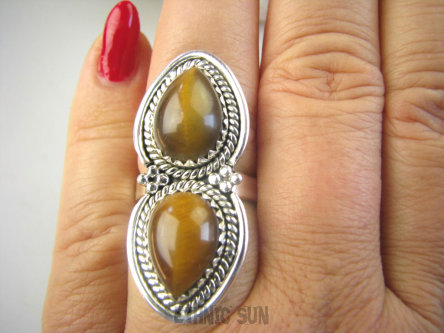 bpe8936 Orientalny Długi 3.9 cm Pierścień Pierścionek Tygrysie Oko - Wspomaga leczenie Oczy Astma Krążenie i TRAWIENIE r.16 Srebro 925 #