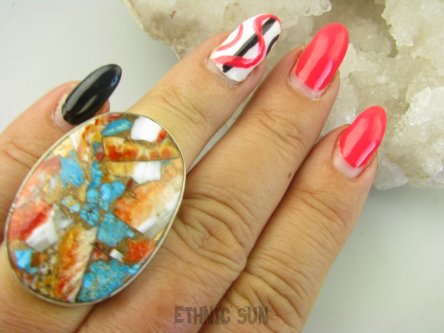 bpe8915 Wielobarwny Duży 16g Pierścień Pierścionek OSTRYGOWY TURKUS MIEDZIANY TOSTRYGA Muszla złota MIEDZ r.16 Srebro 925 #