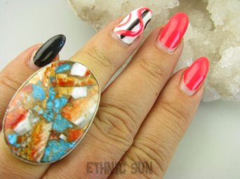 bpe8915 Wielobarwny Duży 16g Pierścień Pierścionek OSTRYGOWY TURKUS MIEDZIANY TOSTRYGA Muszla złota MIEDZ r.16 Srebro 925 #