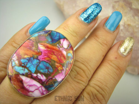 bpe8548 Boski Wielobarwny Duży 18G OKAZ 3.8 cm / 2.9 cm Pierścień Pierścionek OSTRYGOWY TURKUS MIEDZIANY Mojave OSTRYGA Muszla złota MIEDZ r.14 Srebro 925 #