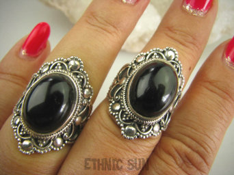 bpe6230 Śliczny DUŻY zdobiony Pierścień Pierścionek Czarny ONYKS regeneruje SERCE, EGZEMY, PAMIĘĆ r.15 Srebro 925 #