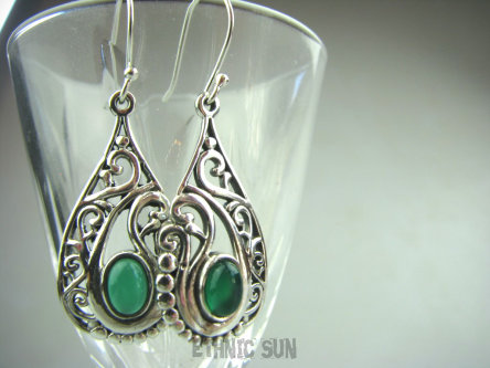 bke766 Orientalne Skarby !!! Ażurowe Lekkie Kolczyki zielony Onyks (regeneruje SERCE, EGZEMY, PAMIĘĆ) w orientalnej oprawie Srebro 925
