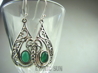 bke766 Orientalne Skarby !!! Ażurowe Lekkie Kolczyki zielony Onyks (regeneruje SERCE, EGZEMY, PAMIĘĆ) w orientalnej oprawie Srebro 925