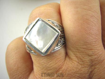 bpee4080 UNISEX DUŻY MĘSKI lub damski SYGNET Pierścień Pierścionek Macica Perłowa r.24/ r.25 DUŻY ROZMIAR Srebro 925 #