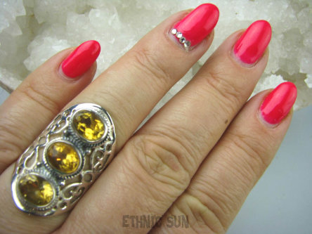 bpee3103 ZŁOCISTY DUŻY Ażurowy Pierścień ze złotymi  cytrynami CYTRYN - kamień antycukrzycowy r.16/r.17 szeroka ażurowa obrączka Srebro 925 #