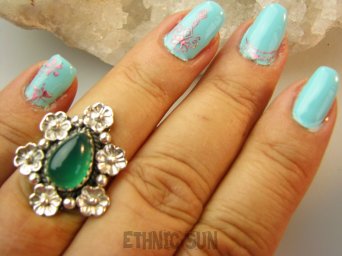 bpe9199 Śliczny Delikatny Pierścień Pierścionek z onyksem zielony Onyks r.14 Srebro 925 #