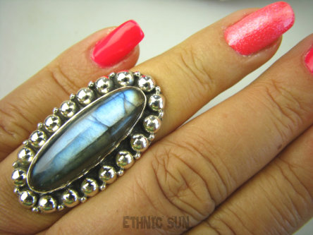 bpe8170 Czarodziejsko Piękny Orientalny Pierścień Labradoryt Spektrolit - kamień Zorzy Polarnej r.14 Srebro 925 #