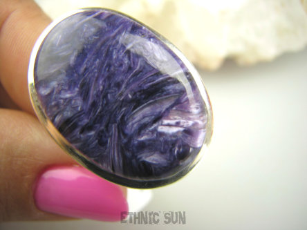 bpe4537 UNIKALNY DROGOCENNY RZADKI CZAROIT - kamień jasnowidzów ! Klasycznt Owalny Pierścień z czaroitem r.18 Srebro 925 #