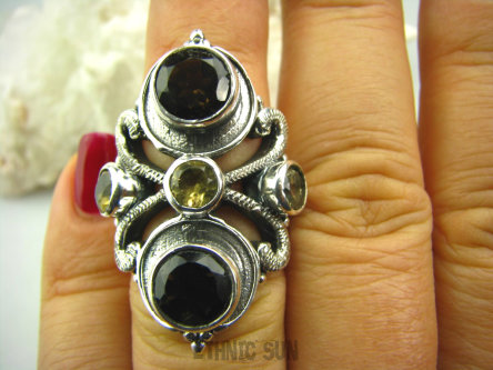 bpee1899 Kunsztowny Masywny 16 gramów Pierścień Kwarc Dymny i Cytryn Rozmiar  r.22/r.23  Srebro 925 