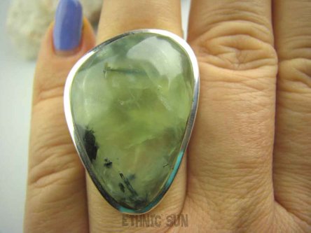 bpe3675 ZIELONY KOJĄCY Duży Pierścień 19 g. naturalny PREHNIT (prenit)  r.17/ r.18 Srebro 925 Czakra Serca #
