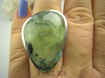 bpe3675 ZIELONY KOJĄCY Duży Pierścień 19 g. naturalny PREHNIT (prenit)  r.17/ r.18 Srebro 925 Czakra Serca #