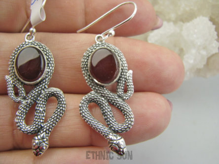 bke1239 AMULET Płodności i Mądrości Wąż - Długie 5cm CUDOWNE Kolczyki SARD brązowy KARNEOL Srebro 925