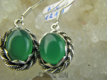 bke1219 Piękne Lekkie Egzotyczne Kolczyki ZIELONY ONYKS - regeneruje SERCE, EGZEMY, PAMIĘĆ orientalna oprawa Srebro 925