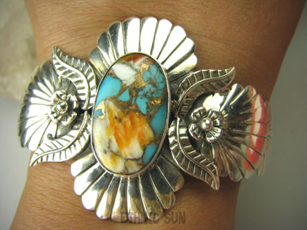 bb3248 NIEZWYKŁA Duża Otwarta BRANSOLETA Bangla naturalny OSTRYGOWY TURKUS MIEDZIANY Turkus OSTRYGA Muszla złota MIEDZ pięknie zdobione Srebro 925 #