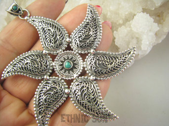 bwe3633 Egzotyczna Gwiazda czy rajski Kwiat ? Duży 8.5 cm szeroki 6,5 cm , 24G Piękny Wisior naturalny TURKUS Turkusy Srebro 925 #