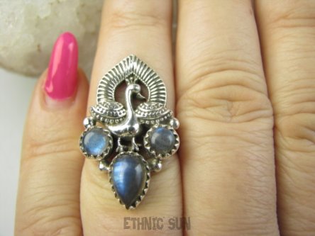 bpe9408 Orientalny Pierścień Pierscionek Królewski Paw oraz Labradoryt Spektrolit kamień Zorzy Polarnej r.15 Srebro 925