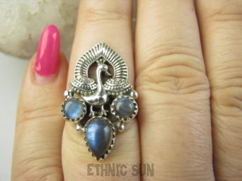 bpe9408 Orientalny Pierścień Pierscionek Królewski Paw oraz Labradoryt Spektrolit kamień Zorzy Polarnej r.15 Srebro 925