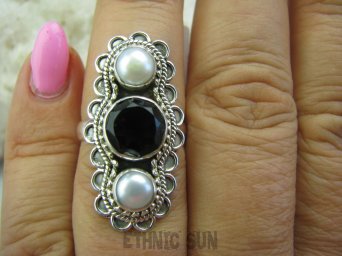 bpee2811 Barokowo zdobiony elegancki front 3 cm Pierścień hodowlane PERŁY PERŁA Kwarc Dymny r.15 Srebro 925 #