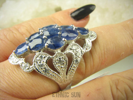 bpee4030 Długi Lśniący Pierścień Pierścionek naturalny Kianit (Kyanit) oraz Cyrkonie r.19 SREBRO RODOWANE 925 #