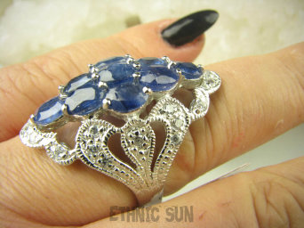 bpee4030 Długi Lśniący Pierścień Pierścionek naturalny Kianit (Kyanit) oraz Cyrkonie r.19 SREBRO RODOWANE 925 #