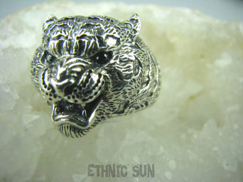 bpe5578 Wrrrrrrrrr DRAPIEŻNY TYGRYS - ŹRÓDŁO SIŁY I DOBROBYTU !!! MASYWNY Pierścień męski lub damski Głowa Tygrysa Onyks r.25/ r.26 Srebro 925  duzy rozmiar # 