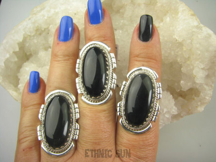 bpe7162 Piękny Egzotyczny pierścień duży kruczo-czarny Onyks regeneruje SERCE, EGZEMY, PAMIĘĆ r.16 Srebro 925 #