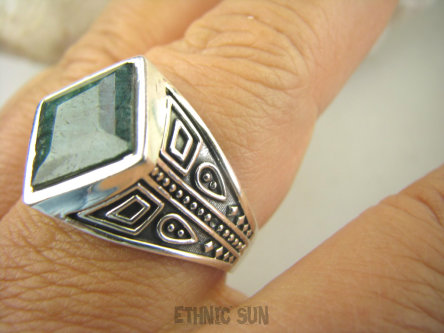 bpee4082 UNISEX DUŻY MĘSKI lub damski SYGNET Pierścień Pierścionek Szmaragd Indyjski Szmaragdy r.30 DUŻY ROZMIAR Srebro 925 #