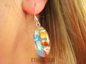 bke1074 Zjawiskowe Piękne Kolczyki Duże Okazy kamieni OSTRYGOWY TURKUS MIEDZIANY lśniące Srebro 925