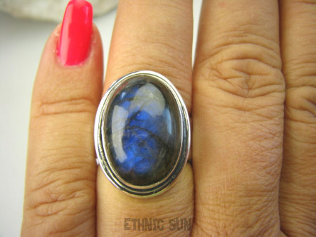 bpe8180 Klasyczny OKAZ Pierścień Granatowy Labradoryt Spektrolit - kamień odwagi r.15/r.16 Lśniące Srebro 925 #