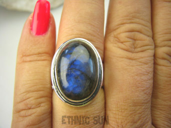 bpe8180 Klasyczny OKAZ Pierścień Granatowy Labradoryt Spektrolit - kamień odwagi r.15/r.16 Lśniące Srebro 925 #