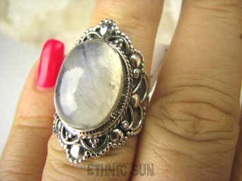 bpe6752 Kunsztowny Pierścień niebieski biały KAMIEŃ KSIĘŻYCOWY r.14 egzotyczne Srebro 925 #