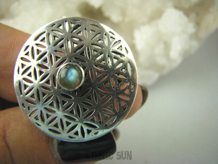 bpe6393 Duży obracający się Pierścień KWIAT ŻYCIA - SILNY AMULET OCHRONNY !!!! Ażurowy Pierścień Labradoryt Spektrolit  r.16 SREBRO 925 #