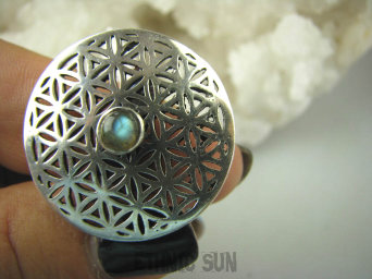 bpe6393 Duży obracający się Pierścień KWIAT ŻYCIA - SILNY AMULET OCHRONNY !!!! Ażurowy Pierścień Labradoryt Spektrolit  r.16 SREBRO 925 #