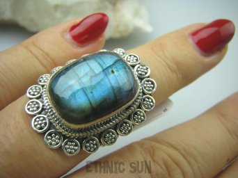 bpe5405 Czarodziejsko Piękny Orientalny Pierścień Labradoryt Spektrolit - kamień Zorzy Polarnej r.14 Srebro 925 #