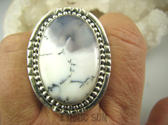 bpe7115 Duży 4 cm / 3 cm przepiękny 19 G ŚNIEŻNY ZIMOWY KRAJOBRAZ !!! Prawdziwe Cacko Pierścień AGAT DENDRYTOWY r.20 Srebro 925 #