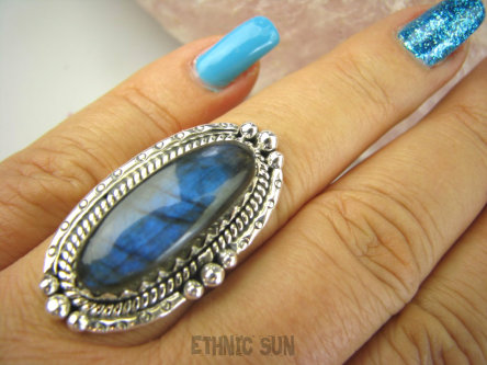 bpe8461 Czarodziejsko Piękny Orientalny Pierścień Niebieski, Granatowy Labradoryt Spektrolit - kamień Zorzy Polarnej r.18 Srebro 925 #