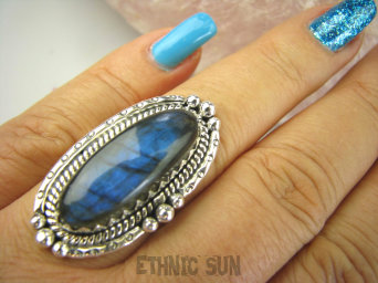 bpe8461 Czarodziejsko Piękny Orientalny Pierścień Niebieski, Granatowy Labradoryt Spektrolit - kamień Zorzy Polarnej r.18 Srebro 925 #