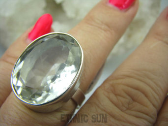 bpee3188 WSPANIAŁY OKAZ Odpromiennik zdobi leczy chroni Lśniący Pierścień  Kryształ Górski r.15 Srebro 925 #