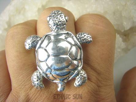 bpe8683 Morskie skarby  ŻÓŁW Z GALAPAGOS !!! WIELKI I PIĘKNY Niezwykły DUŻY 4 cm/3.2 cm Lśniący Pierścień Żółw Pierścionek z dmuchanego srebra r.13 Srebro 925 #