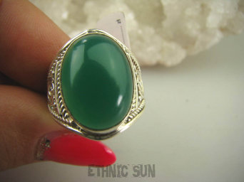 bpe6227 BIŻUTERIA EGZOTYCZNA !!! Przepiękny Delikatny Pierścień Zielony ONYKS - regeneruje SERCE, EGZEMY, PAMIĘĆ r.19 Srebro 925