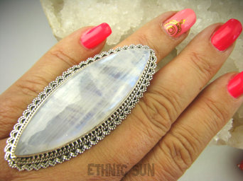 bpe7788 OGROMNY KOLEKCJONERSKI GIGANT Waży aż 33 gramy 6.7 cm ! Regulowany Pierścień Kamień Księżycowy r.17, r.18, r.19, r.20, r.21, r.22, r.23 Srebro 925 #