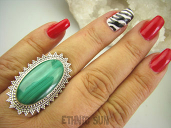 bpe7950 Przepiękny DUŻY Orientalny Pierścień  naturalny zielony MALACHIT - pobudza kreatywność r.19 Srebro 925 #