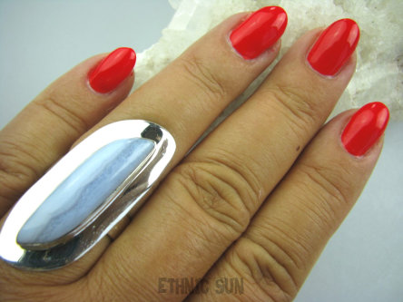 bpe5026 Klasyczny Długi Pierścień KORONKOWY AGAT BLUE LACE kamień spokoju i pozytywnego myślenia idealny na STRES, CHOROBY OCZU, USZU UKOJENIE DUSZY r.19 lśniące Srebro 925 #