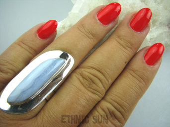 bpe5026 Klasyczny Długi Pierścień KORONKOWY AGAT BLUE LACE kamień spokoju i pozytywnego myślenia idealny na STRES, CHOROBY OCZU, USZU UKOJENIE DUSZY r.19 lśniące Srebro 925 #