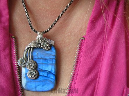 bwe2684 Duży 5,6cm / 3,3cm masywny 27 gramów !! Wisior NIEBIESKI LABRADORYT Spektrolit - kamień Zorzy Polarnej, Roślinne Pnącza SREBRO 925 #