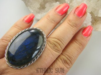 bpe9118 CUDOWNY DUŻY 25G OKAZ Regulowany Pierścień Pierścionek Granatowy Labradoryt Spektrolit kamień odwagi r.16, r.17, r.18, r.19, r.20, r.21 Srebro 925 #