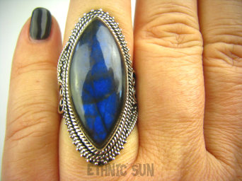 bpe2591 "KOLEKCJA MIŁOSNA " Duży Masywny 16 gramów !! Pierścień niebieski Labradoryt Spektrolit kamień Zorzy Polarnej r.18 Srebro 925 #