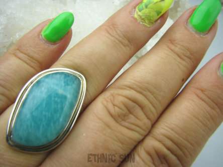 bpe6069 MORSKA FALA  !!! CUDOWNY Klasyczny Pierścień Turkusowy Amazonit - Kamień Marzeń i realizacji r.17 lśniące Srebro 925 #