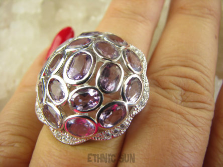 bpee4153 Lśniąca Kopuła Piękny Pierścień Pierścionek naturalny Fioletowy Ametyst, oraz Cyrkonie r.14 SREBRO RODOWANE 925 #